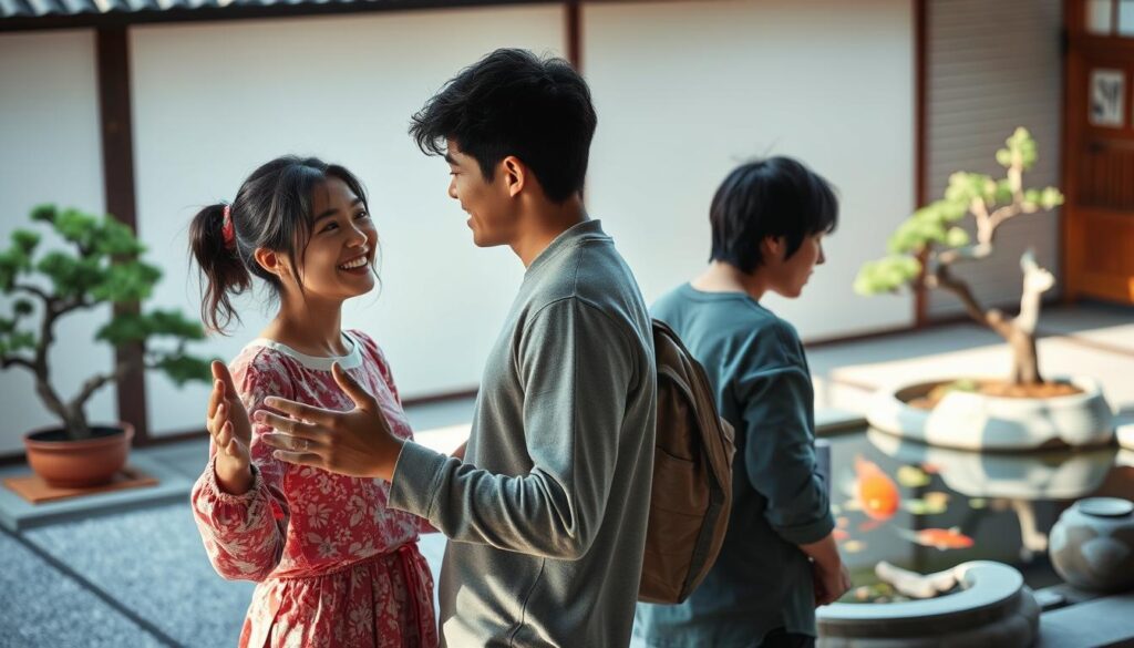 A serene Japanese-inspired scene depicting the contrast in romantic styles between two young individuals. In the foreground, a carefree ENFP type radiates warmth and spontaneity, gesturing animatedly as they engage in lively conversation. Behind them, a more reserved ESFP leans back, observing the scene with a thoughtful, introspective gaze. The lighting is soft and natural, creating a contemplative atmosphere. The background features a minimalist Japanese-style garden, with carefully pruned bonsai trees and a tranquil koi pond, symbolizing the balance and harmony they seek in their relationships.