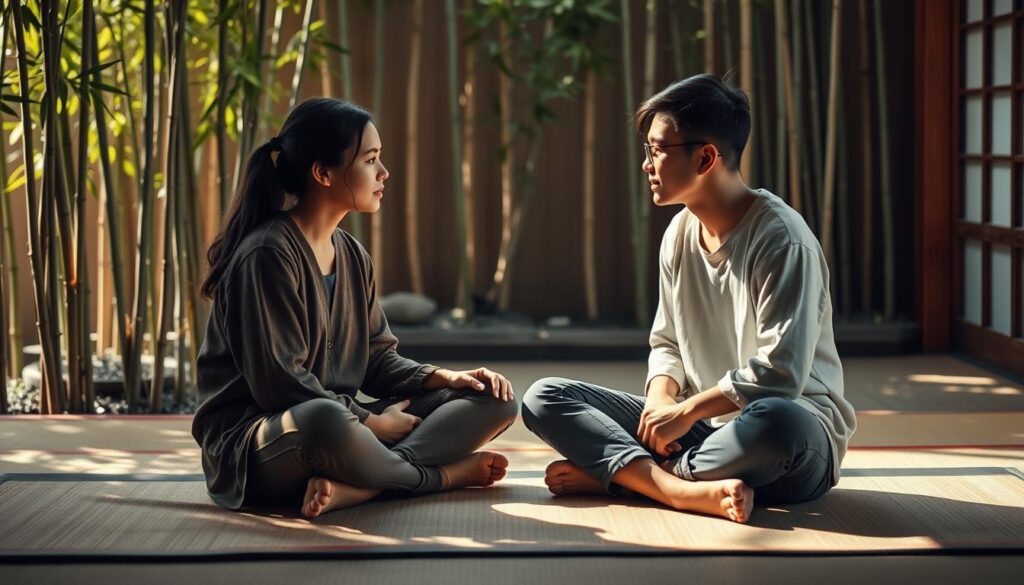 A serene Japanese-inspired scene depicting two young ESFJ individuals deeply engaged in a thoughtful discussion on personal growth. The pair sits cross-legged on a tatami mat, surrounded by a tranquil bamboo garden bathed in warm, natural lighting. Soft shadows play across their intent expressions as they lean in, sharing insights and encouraging one another's self-development. The mood is one of quiet contemplation, introspection, and a shared commitment to continuous improvement. The composition emphasizes balance, harmony, and the power of interpersonal connection to foster transformative self-reflection.