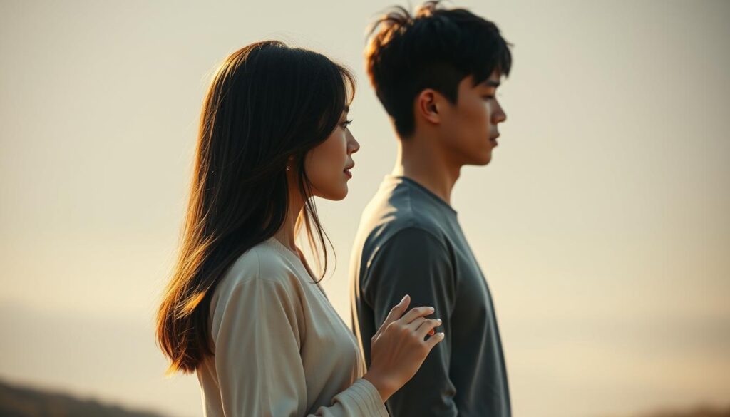 A serene Japanese-inspired scene of an ENTP woman and her romantic partner, standing at an appropriate distance, their body language conveying an atmosphere of trust and emotional connection. Soft natural lighting casts a warm glow, accentuating their youthful, raven-haired features. The foreground depicts the couple's faces in profile, gazing intently at each other. The middle ground shows their relaxed posture, hands gently reaching towards one another. The background is a minimalist landscape of muted colors, hinting at a tranquil setting that facilitates their intimacy. The overall mood is one of balance, understanding, and the delicate dance of a fulfilling ENTP-style romance. A serene Japanese-inspired scene of an ENTP woman and her romantic partner, standing at an appropriate distance, their body language conveying an atmosphere of trust and emotional connection. Soft natural lighting casts a warm glow, accentuating their youthful, raven-haired features. The foreground depicts the couple's faces in profile, gazing intently at each other. The middle ground shows their relaxed posture, hands gently reaching towards one another. The background is a minimalist landscape of muted colors, hinting at a tranquil setting that facilitates their intimacy. The overall mood is one of balance, understanding, and the delicate dance of a fulfilling ENTP-style romance.