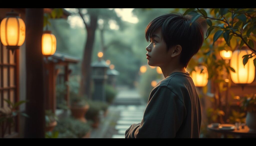 A serene, Japanese-inspired scene showcasing a young, thoughtful individual surrounded by a soft, glowing ambiance. They stand in a tranquil garden, contemplating their journey, the lush foliage and gentle lighting conveying a sense of introspection and growth after a setback. The figure's pensive expression and body language suggest a moment of self-reflection, a realization of the valuable lessons that can emerge from failure. This scene, captured with a cinematic, realistic aesthetic, perfectly encapsulates the theme of "実践から学ぶESTPの成長ポイント."