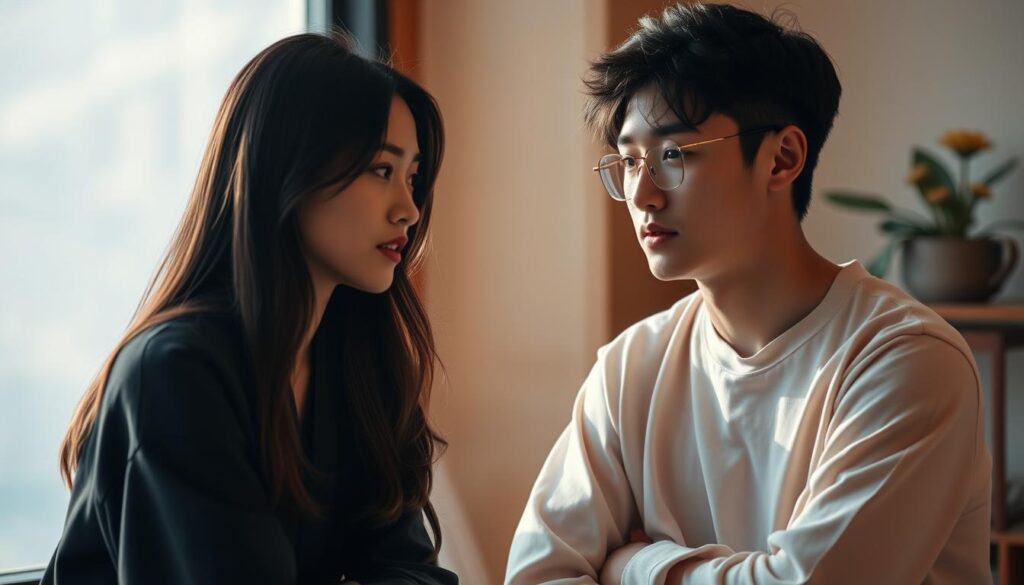 A serene Japanese-inspired scene, showcasing two young individuals engaged in a thoughtful conversation. Soft lighting casts a warm glow, creating an atmosphere of genuine connection. The woman's expression is one of active listening, her body language open and attentive, while the man speaks with deliberate care, his gaze focused on her. The background is minimalist, with subtle hints of natural elements, allowing the subjects to take center stage. This image captures the essence of effective communication - timing, understanding, and the art of truly listening.