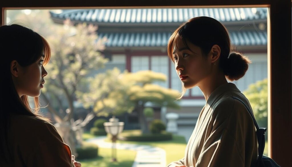 A serene Japanese-inspired scene unfolds, capturing the nuances of interpersonal relationships. In the foreground, two young people engage in a thoughtful dialogue, their expressions conveying the need for understanding and empathy. The middle ground features a tranquil garden, where the delicate balance of nature mirrors the complexities of human connection. Soft lighting filters through the scene, lending a contemplative atmosphere. The background showcases a traditional Japanese architecture, hinting at the cultural context that shapes the dynamics between the individuals. This image aims to visually represent the section on "ISFJ's compatibility and interpersonal relationship considerations," inviting the viewer to explore the depth and sensitivity inherent in these meaningful connections.