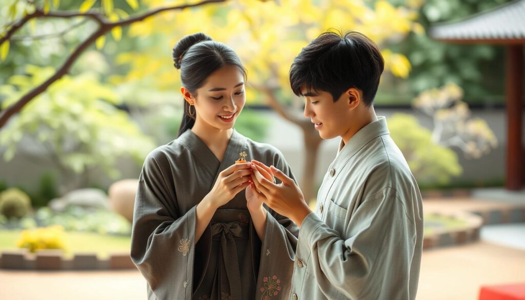 A serene Japanese-inspired scene, where a young woman gracefully presents a heartfelt gift to a thoughtful young man. The pair stand against a backdrop of a tranquil garden, with soft natural lighting illuminating their sincere expressions. The woman's hands gently hold a delicate object, conveying her genuine appreciation, while the man's attentive gaze and slightly bowed posture reflect his humble appreciation. The overall mood is one of quiet reverence and mutual respect, capturing the essence of expressing gratitude in a meaningful, considered way.