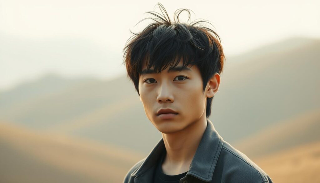 A serene Japanese man in his mid-20s stands amidst a softly blurred background, his expression contemplative yet determined. Warm natural lighting casts a subtle glow, highlighting his youthful features and tousled black hair. Behind him, a minimalist landscape unfolds, with gentle rolling hills and a hazy, atmospheric sky. The scene conveys a sense of introspection and the overcoming of personal obstacles, mirroring the theme of "完璧主義の克服". The overall tone is one of quiet introspection and the triumph of self-acceptance.