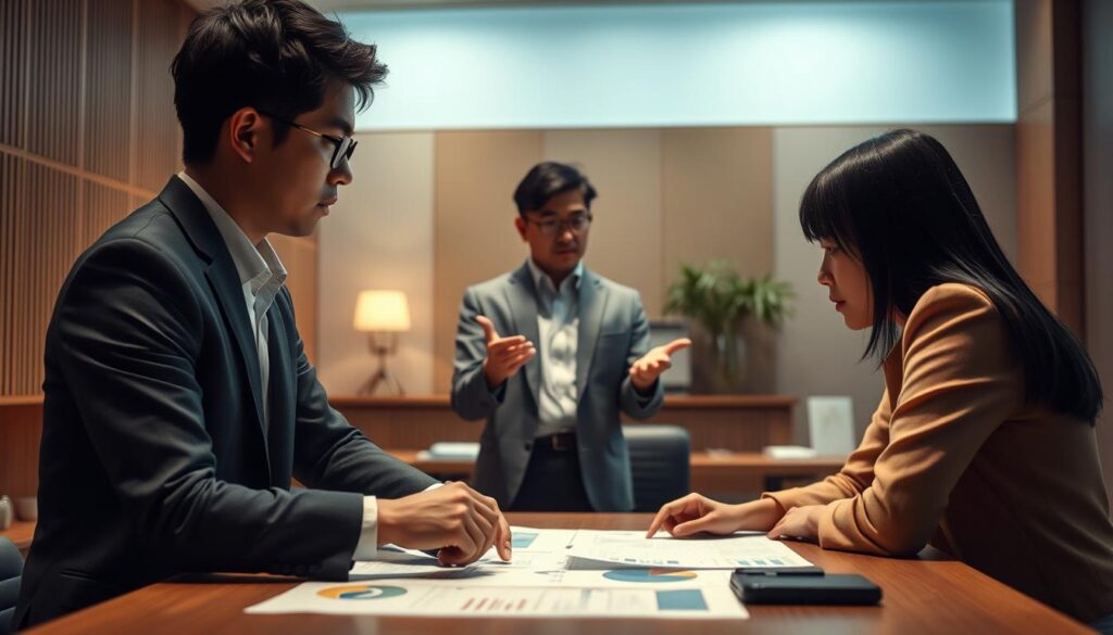 A serene Japanese office setting, with three young professionals engaged in a strategic planning session. Soft, diffused lighting illuminates the scene, casting a contemplative atmosphere. In the foreground, a male and female employee lean over a table, discussing charts and diagrams. In the middle ground, another employee gestures animatedly, presenting ideas. The background features elegant wood paneling and minimalist decor, evoking a sense of focused, disciplined decision-making. The models have realistic features, black hair, and a composed, concentrated expression, reflecting the section's theme of "strategic action patterns and success principles."