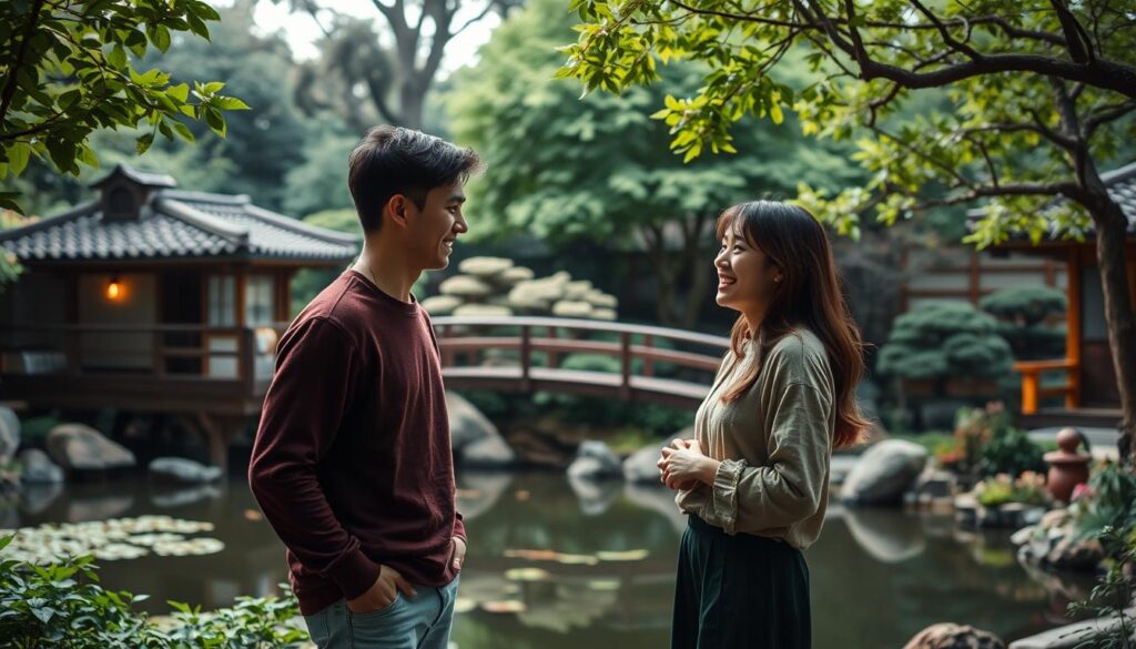 A serene Japanese-style garden setting with lush foliage, a tranquil pond, and a traditional wooden bridge. Two young, attractive figures are standing together, engaged in a warm, friendly conversation. Their body language and facial expressions convey a sense of deep connection and compatibility. Soft, diffused lighting casts a gentle glow, creating an atmosphere of harmony and understanding. The scene exudes a feeling of natural, effortless compatibility between the two individuals, as if they were made for each other.