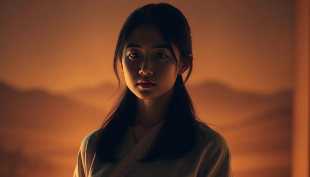 A serene Japanese woman, her face a portrait of tranquility, stands in a dimly lit room. Soft, warm lighting bathes her figure, casting subtle shadows that accentuate the delicate balance between her strengths and weaknesses. In the background, a hazy, abstract landscape hints at the complexities of her inner world. Her posture is poised, yet there is a hint of vulnerability in her gaze, reflecting the nuanced nature of her ISFJ personality. The scene evokes a sense of contemplation, inviting the viewer to ponder the harmony and tension inherent in this young woman's character.