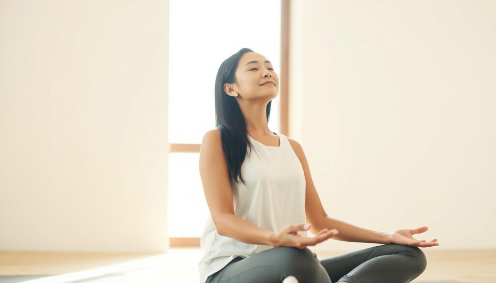 A serene Japanese woman sits in a meditative pose, her eyes closed and face radiating inner peace. The soft light filters through the window, creating a warm, contemplative atmosphere. Her posture is upright yet relaxed, reflecting the harmony between her external self-expression and internal emotional state. The background is a minimalist, Zen-inspired setting, with clean lines and muted tones that emphasize the subject's focus and introspection. The overall impression is one of balance, self-awareness, and the integration of the individual's outward and inward aspects.
