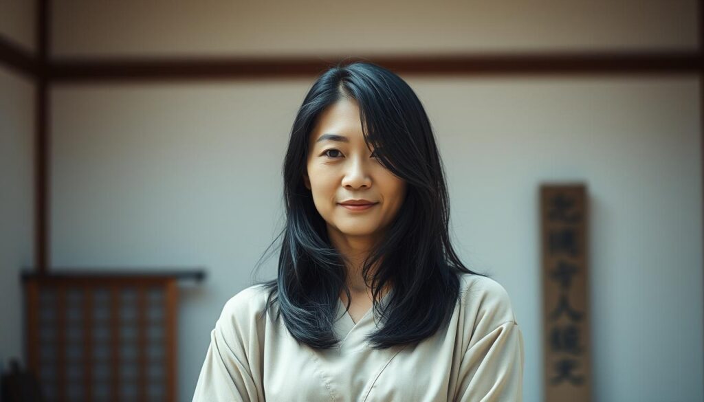 A serene Japanese woman standing tall, her black hair cascading gently around her face. She exudes a calm, supportive presence, her eyes filled with empathy and a willingness to guide those around her. The lighting is soft and natural, accentuating the tranquility of the scene. In the background, a minimalist, traditional Japanese setting provides a serene backdrop, emphasizing the woman's innate leadership qualities. The overall composition conveys a sense of quiet confidence and a deep understanding of the needs of those she leads.