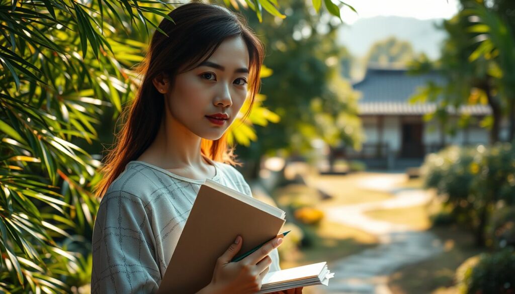 A serene Japanese woman stands in a lush garden, her eyes reflecting a deep sense of contemplation. Warm sunlight filters through the swaying foliage, casting a tranquil atmosphere. In the foreground, she balances a sketchbook and pencil, symbolizing the harmony between her ideals and practical planning. The middle ground features a winding path, representing the journey towards realizing her aspirations. In the background, a traditional Japanese house with a tiled roof emerges, hinting at the grounding influence of cultural heritage. The overall scene conveys a pensive, introspective mood, capturing the essence of balancing one's passions with measured strategies.