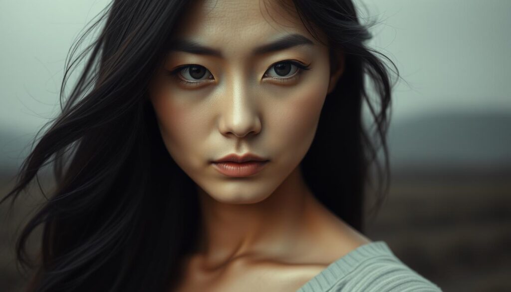 A serene Japanese woman with a pensive expression, her gaze reflecting deep contemplation. Soft, diffused lighting bathes her face, evoking a sense of inner calm and sensitivity. Her dark, flowing hair frames her features, subtly conveying an air of introspection. In the background, a minimalist, muted landscape unfolds, emphasizing the subject's emotional depth and intuitive understanding. The overall scene radiates a sense of profound empathy and insightful perception, capturing the essence of the ENFJ personality.