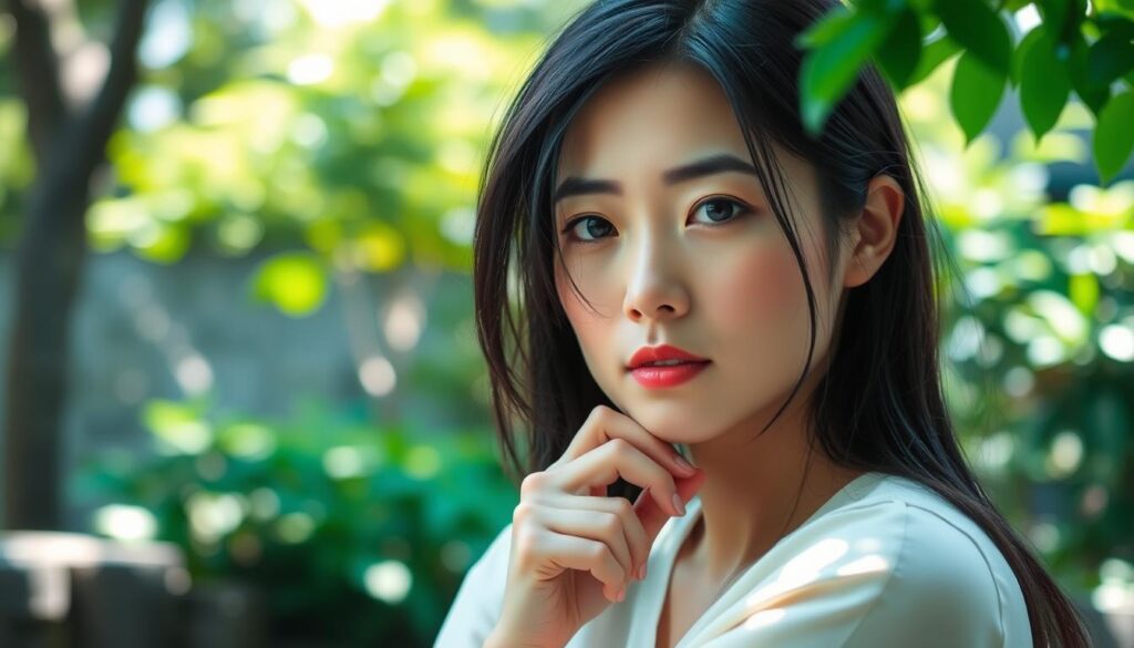 A serene Japanese woman with a thoughtful expression, her black hair framing her face. She sits in a tranquil garden setting, sunlight filtering through the lush greenery. The overall mood is one of contemplation and understanding. The image captures the essence of ISTP female communication - direct, practical, and focused on the present moment. The lighting is natural, with soft shadows and highlights accentuating the subject's features. The camera angle is slightly elevated, creating a sense of intimacy and connection with the viewer.