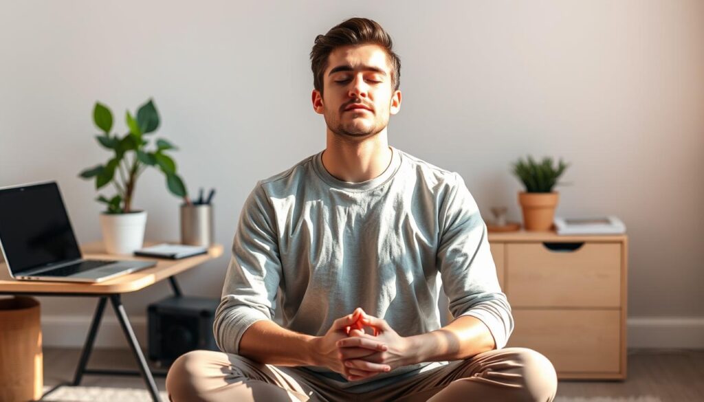 A serene and contemplative ENFP man sits cross-legged, his eyes closed in focused meditation. Soft, natural lighting illuminates his face, casting subtle shadows that accentuate his delicate features. In the background, a minimalist workspace with a laptop, writing materials, and a potted plant symbolizes his creative self-management. The atmosphere is one of calm introspection, highlighting the ENFP's ability to harness their inner resources and imagination to thrive in the workplace.
