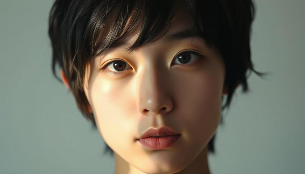 A serene and contemplative portrait of a young, dark-haired Japanese-looking person, their gaze transfixed with an introspective, artistic sensibility. Soft lighting illuminates their features, casting gentle shadows that accentuate their thoughtful expression. The subject appears lost in a moment of creative inspiration, embodying a unique aesthetic awareness and sensitivity. The composition is natural and unposed, capturing a sense of quiet, personal reflection. The overall mood is one of introspective beauty and artistic imagination.
