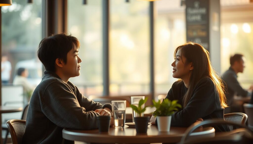 A serene and cozy cafe setting, with two young Japanese-looking individuals sitting at a table, engaged in a warm, open conversation. Soft, natural lighting filters through large windows, casting a gentle glow on their faces as they lean in, focused on each other. Their body language exudes trust and understanding, reflecting the process of building strong relationships through effective communication. The background blurs softly, allowing the viewer to focus on the intimacy of the scene, capturing the essence of "信頼構築 コミュニケーション."