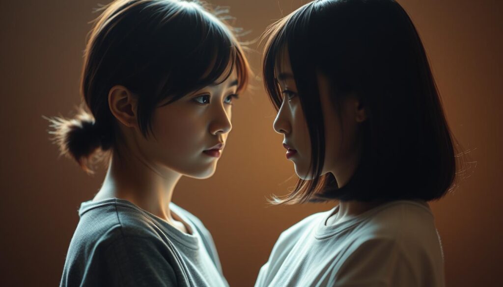 A serene and intimate scene, capturing the delicate balance between empathy and emotional distance. Two young Japanese figures, their faces etched with thoughtful expressions, gaze intently at each other, their bodies language conveying both connection and subtle reservation. Warm, diffused lighting bathes the scene, creating an air of contemplation and introspection. The background is softly blurred, allowing the viewer to focus on the subjects' subtle interplay of emotions. The overall composition evokes a sense of quiet understanding, the subjects navigating the nuances of interpersonal dynamics with a gentle, understated grace.