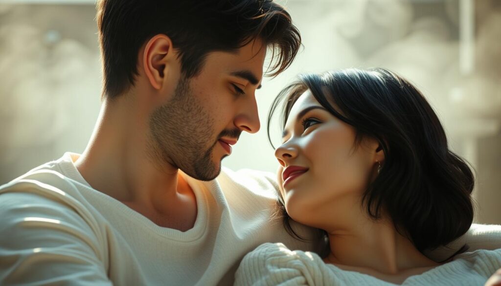 A serene and intimate scene of an ISFP-T couple, their expressions conveying a tender, introspective mood. The female protagonist has a delicate, porcelain-like complexion and subtly styled black hair, while the male protagonist's features are rugged yet handsome. They are seated close together, gazing into each other's eyes with a palpable connection. Soft, natural lighting casts a warm, romantic glow, complementing the muted color palette. The background is hazy and atmospheric, emphasizing the couple's intimate moment. The overall composition exudes a sense of tranquility and emotional depth, capturing the essence of an ISFP-T's approach to love and relationships.