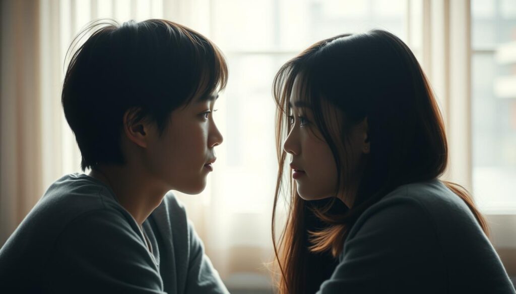 A serene and intimate scene of two young Japanese-looking individuals engaged in deep and thoughtful conversation, their faces illuminated by soft, natural lighting that accentuates their delicate features. They sit facing each other, their bodies angled towards one another, creating a sense of closeness and mutual understanding. The background is blurred, allowing the viewer to focus solely on the connection and rapport between the two figures, who appear to be lost in a moment of heartfelt dialogue and empathetic exchange.
