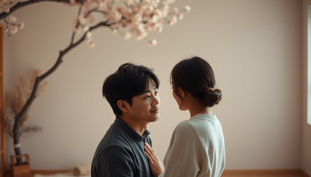 A serene and intimate scene unfolds, showcasing the subtle yet meaningful gestures of love between a young Japanese couple. In the foreground, a man gazes tenderly at his partner, his eyes conveying a deep, soulful connection. Her body language mirrors his affection, with a gentle tilt of the head and a shy, blushing expression. The middle ground features a cozy, minimalist setting, with muted tones and soft, diffused lighting creating a warm, romantic atmosphere. In the background, a backdrop of natural elements, such as a cherry blossom tree or a serene garden, adds a sense of tranquility and beauty to the scene. The overall composition evokes the nuanced, heartfelt signs of affection that ISFJ men often display in their relationships.