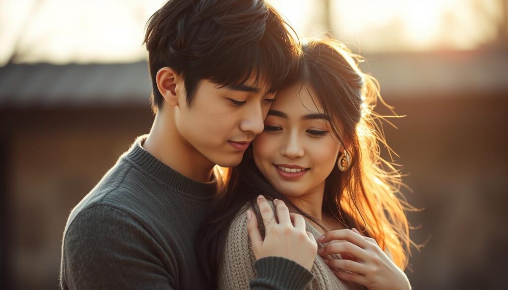 A serene and intimate setting featuring a young Japanese-looking couple in a close, romantic embrace. The soft, natural lighting casts a warm, inviting glow, highlighting their delicate features and the tender expression on their faces. The background is subtly blurred, keeping the focus on the couple's emotional connection. The composition is balanced and evocative, capturing the essence of a deep, compatible relationship between an ESTJ-A personality type and their ideal partner.