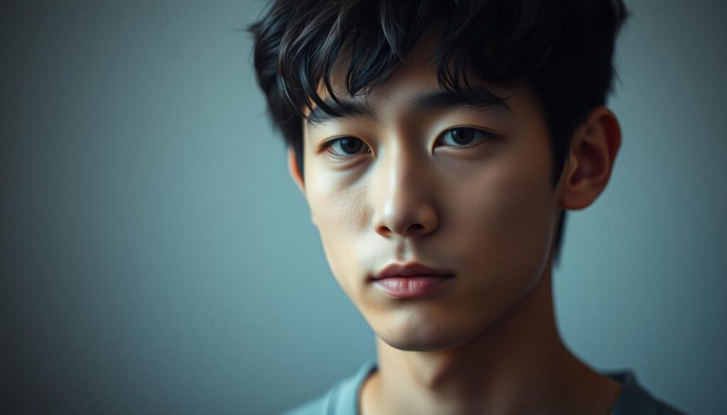 A serene and introspective portrait of a young Japanese individual, their gaze radiating a sense of contemplation and inner wisdom. Soft, diffused lighting illuminates their thoughtful expression, capturing the essence of their introspective nature. The composition places the subject in the foreground, surrounded by a subtly blurred, minimalist background that evokes a sense of tranquility and focus on the individual's inner values and principles. The image conveys a sense of depth and authenticity, reflecting the INFP male's appreciation for the intangible and the profound.