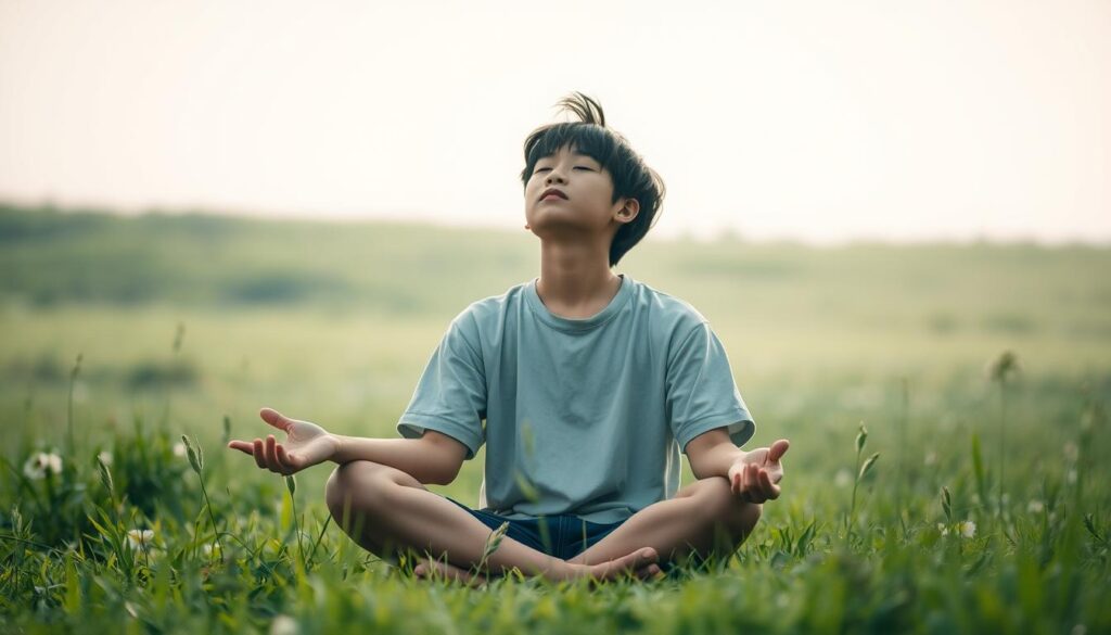 A serene and introspective scene unfolds, as a young Japanese-looking individual sits cross-legged on a tranquil meadow, surrounded by lush greenery and a soft, diffused lighting. The figure's eyes are closed, conveying a sense of deep contemplation and self-reflection. The camera is positioned at a slightly low angle, capturing the scene with a sense of intimacy and introspection. The overall mood is one of peaceful self-growth, with the figure's stillness and inward focus suggesting a journey of personal development and inner exploration.