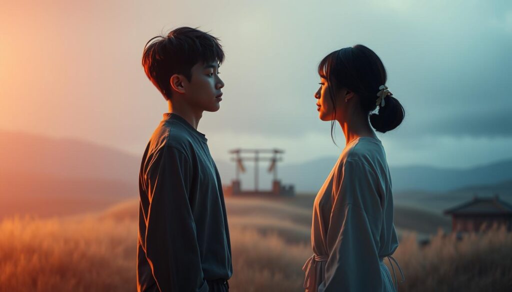 A serene and meditative scene of personal growth and self-discovery in the realm of romance. Two young, Japanese-inspired figures stand facing each other, their expressions contemplative and open. The foreground is bathed in soft, warm lighting, creating an intimate and introspective atmosphere. The middle ground features a minimalist, natural setting with subtle, symbolic elements that evoke the themes of introspection and personal evolution. The background blends into a dreamlike, ethereal landscape, suggesting the internal journey and the boundless possibilities of self-growth within relationships. The overall composition and mood convey a sense of harmony, balance, and the harmonious interplay between personal development and the pursuit of meaningful connections.