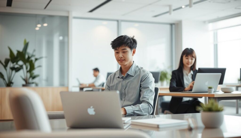 A serene and risk-averse office environment, with young Japanese-looking models showcasing a calm, focused atmosphere. The scene depicts a well-lit, spacious workspace with sleek, modern furniture and minimalist decor. The models, dressed in professional attire, are engaged in low-risk, routine tasks, conveying a sense of safety and control. Soft, diffused lighting creates a soothing ambiance, while the clean lines and muted color palette evoke a sense of order and predictability. The overall impression is one of a workplace that prioritizes stability, caution, and risk mitigation over high-stakes, unpredictable endeavors.