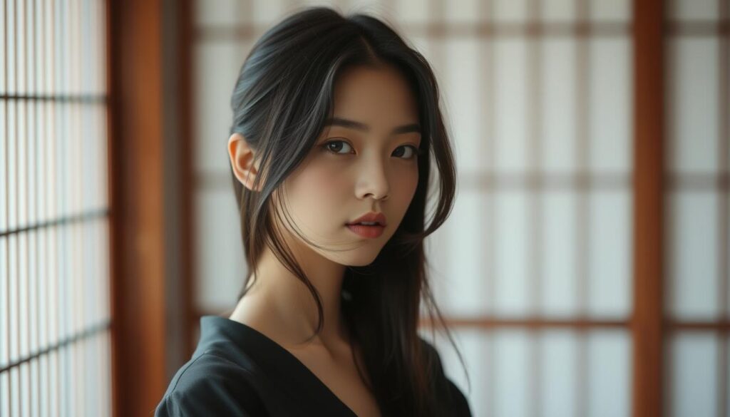 A serene and sophisticated Japanese-inspired aesthetic, featuring a young model with a delicate, expressive face and dark hair. The scene evokes a sense of tranquility and refined beauty, captured through carefully composed lighting, depth of field, and angles that highlight the subject's natural grace and introspective mood. The overall atmosphere conveys the ISFP's appreciation for subtlety, harmony, and the understated elegance found in the natural world.