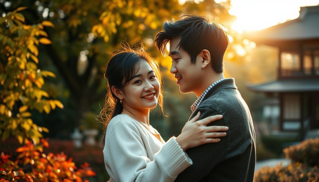 A serene autumn scene in a Japanese garden, two young Japanese-looking individuals, a man and a woman, tenderly embracing under the warm glow of a setting sun. The couple's faces are softly lit, their expressions conveying a deep mutual affection. The background is lush with vibrant foliage, creating a sense of tranquility and natural beauty. The image is captured with a slight shallow depth of field, gently blurring the surroundings and focusing the viewer's attention on the intimate moment between the two ESFJ individuals.