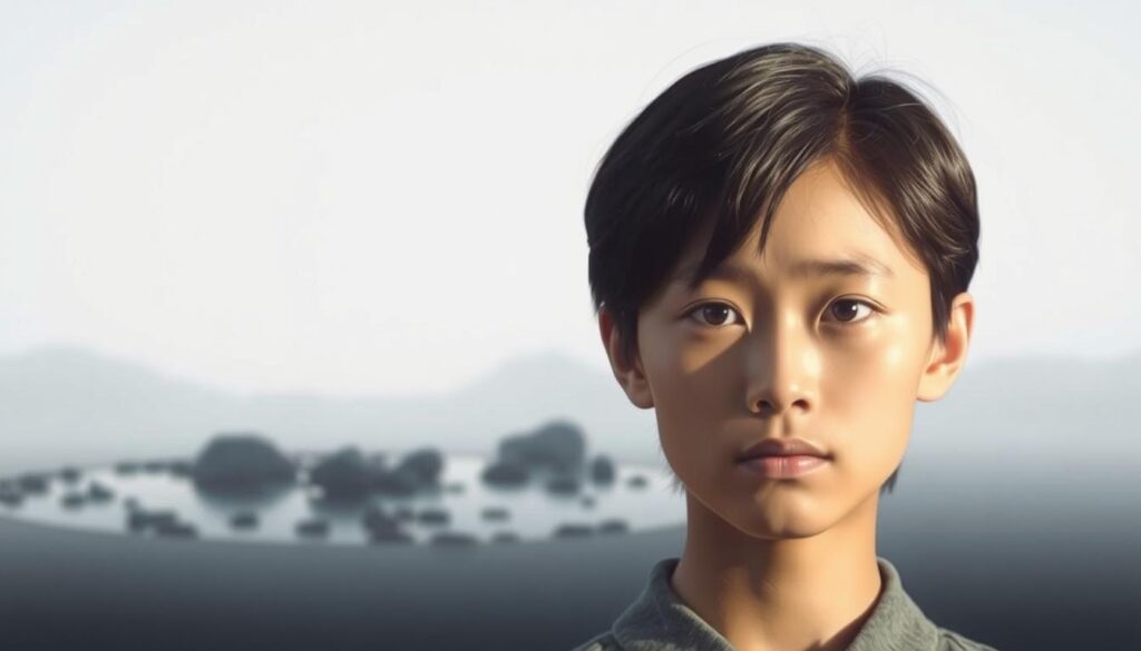 A serene, balanced scene depicting the harmony between logic and emotion. In the foreground, a young Japanese-looking person with a pensive gaze, their face illuminated by soft, natural lighting. In the middle ground, a minimalist, Zen-inspired landscape with a tranquil pond and scattered stones. The background features a subtle gradient, evoking a sense of contemplation and inner reflection. The overall atmosphere is one of intellectual depth and emotional resonance, capturing the essence of an INTP-A character's unique duality.