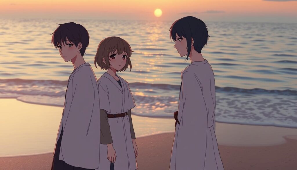 A serene beach at twilight, the gentle waves lapping against the shore. Three young Japanese figures, their expressions thoughtful and introspective, stand at the water's edge, the setting sun casting a warm, ethereal glow. The scene captures the ebb and flow of emotions, the interplay of light and shadow mirroring the inner turmoil and contemplation of the subjects. Soft, muted tones and a sense of wistful melancholy permeate the atmosphere, inviting the viewer to explore the depths of the characters' emotional journeys.