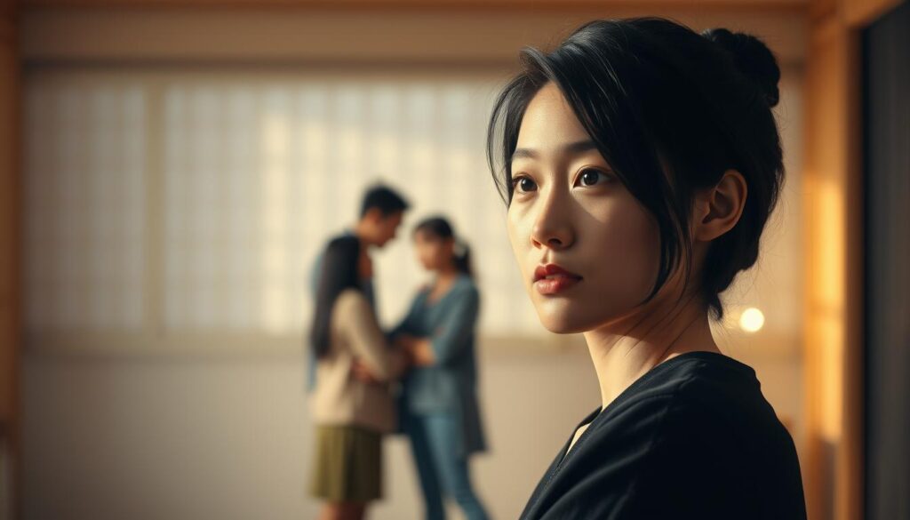 A serene, beautifully lit scene depicting the psychological dynamics between two ESTJ-T individuals. The foreground features a contemplative close-up of their faces, captured with a shallow depth of field, emphasizing their introspective expressions. In the middle ground, their bodies are shown in a thoughtful, balanced pose, suggesting an earnest dialogue. The background is softly blurred, hinting at a harmonious, minimalist setting that allows the subjects' connection to take center stage. The lighting is warm and natural, accentuating their youthful, Japanese-inspired features. The overall atmosphere conveys a sense of insightful analysis and mutual understanding.