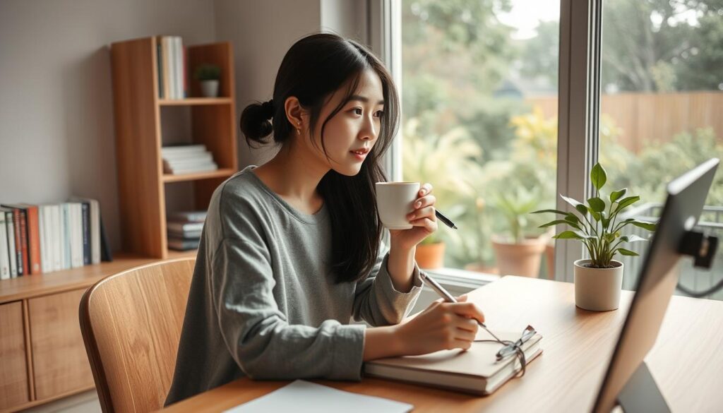 A serene, candid snapshot of a Japanese-looking young woman in her daily routine. She sits at a minimalist, wooden desk, gazing out a large window overlooking a tranquil garden. Soft, natural lighting illuminates her thoughtful expression as she sips coffee, pen in hand. In the background, a bookshelf and potted plants suggest a cozy, creative workspace. The scene evokes a sense of quiet introspection and an appreciation for simple, everyday moments. The camera angle is slightly elevated, capturing the subject from a slightly elevated, unobtrusive perspective.