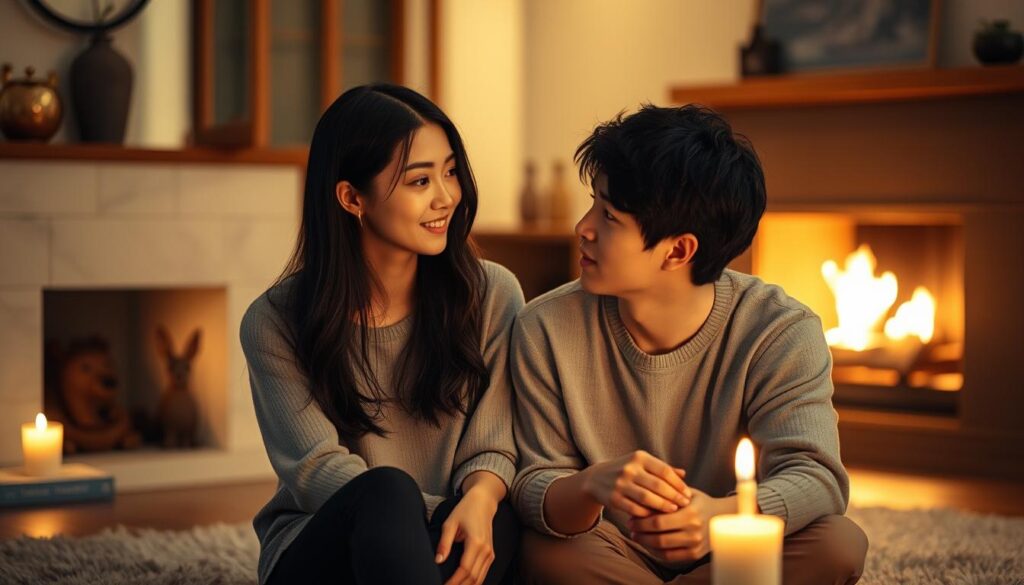 A serene, candlelit scene of a young Japanese couple engaged in a heartfelt conversation. The woman, with long, dark hair, gazes intently at her partner as they sit close together on a plush rug. Soft lighting from a nearby fireplace casts a warm, romantic glow, emphasizing the intimacy of the moment. The man's expression is one of attentive listening, his posture relaxed and open. The background is blurred, keeping the focus on the couple's connection. This image captures the natural progression of a budding romance, a snapshot of the steps that lead to a deeper, more meaningful relationship.
