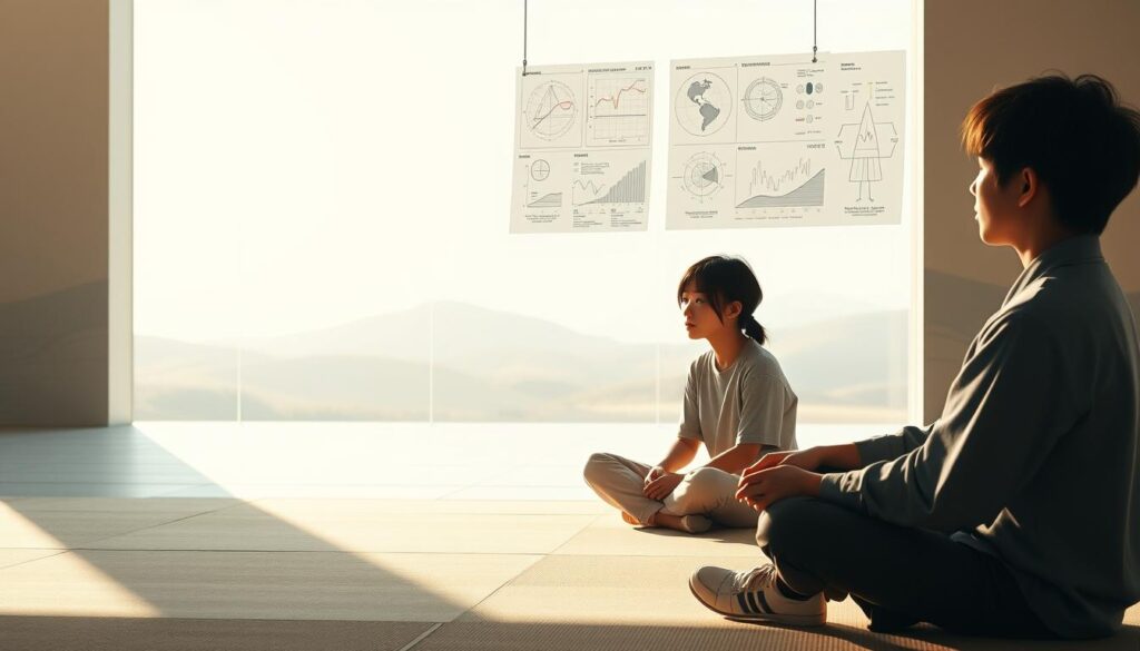 A serene, contemplative scene depicting a group of young Japanese individuals deeply immersed in strategic learning. The foreground features three figures sitting cross-legged, their expressions focused and pensive as they study detailed diagrams and charts suspended in the air before them. The middle ground showcases a minimalist, Zen-inspired environment with clean lines and muted tones, accentuating the atmosphere of intellectual discourse. In the background, a softly lit, expansive landscape unfolds, hinting at the broader context and applications of their strategic learning process. Subtle, dynamic lighting casts a warm, meditative glow across the scene, capturing the essence of a transformative educational journey.