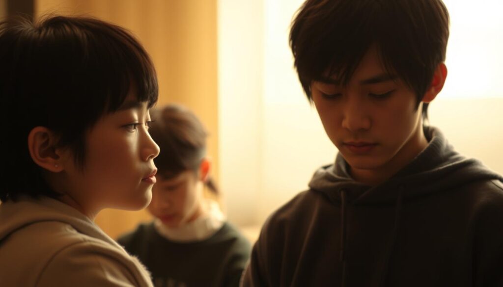 A serene, contemplative scene depicts two young Japanese individuals deep in introspection. The foreground shows a pensive INFP, their gaze turned inward, conveying a sense of quiet self-examination. The middleground features another INFP, lost in thoughtful self-reflection, their body language expressing a delicate balance of self-protection and openness. The background is softly blurred, creating a sense of intimate, introspective space. Warm, diffused lighting imbues the scene with a tranquil, almost meditative atmosphere, inviting the viewer to share in the subjects' personal explorations of their inward-facing perspectives.