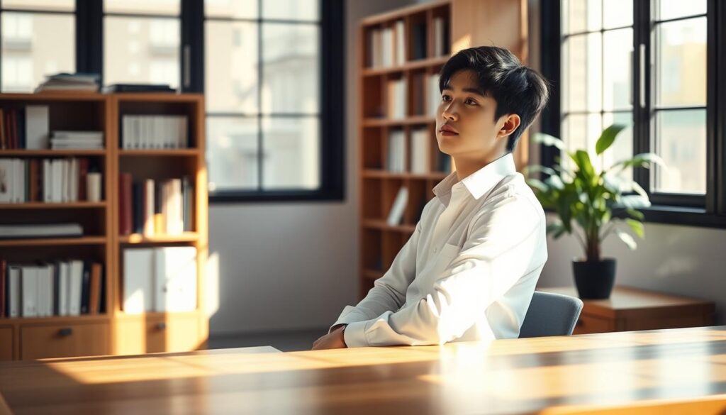 A serene, contemplative scene in a sun-drenched office. A young Japanese professional, dressed in a crisp white shirt and navy blue slacks, sits at a minimalist wooden desk, deep in thought. Soft natural light filters through large windows, casting a warm glow on the scene. The background features a bookshelf filled with carefully curated volumes, and a potted plant adds a touch of greenery. The model's expression conveys a sense of focus and determination as they ponder their career path, the hints of their ideal vocation taking shape before their eyes. A serene, contemplative scene in a sun-drenched office. A young Japanese professional, dressed in a crisp white shirt and navy blue slacks, sits at a minimalist wooden desk, deep in thought. Soft natural light filters through large windows, casting a warm glow on the scene. The background features a bookshelf filled with carefully curated volumes, and a potted plant adds a touch of greenery. The model's expression conveys a sense of focus and determination as they ponder their career path, the hints of their ideal vocation taking shape before their eyes.
