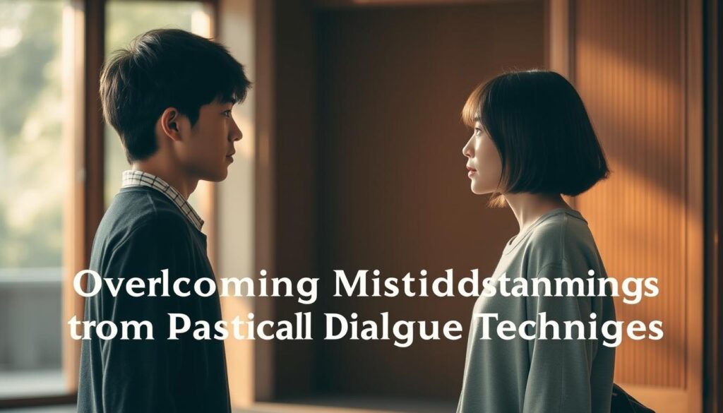 A serene conversation between two young Japanese individuals taking place in a tranquil setting, bathed in warm, natural lighting. The figures stand face-to-face, their body language and facial expressions conveying a sense of understanding and openness as they engage in a thoughtful dialogue. The background is softly blurred, allowing the viewer to focus on the interaction, which is the central focus of the image. The scene evokes a sense of resolution and clarity, reflecting the theme of "Overcoming Misunderstandings through Practical Dialogue Techniques".