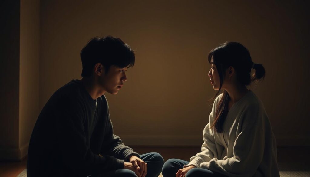 A serene, dimly lit room set against a warm, muted color palette. Two young Japanese individuals, one male and one female, sit facing each other, their gazes locked in a deep, empathetic conversation. The soft, diffused lighting casts a gentle glow, highlighting the sincere expressions on their faces as they lean in, fully engaged in a meaningful exchange of thoughts and feelings. The atmosphere is one of profound understanding and connection, capturing the essence of intimate, heartfelt communication.