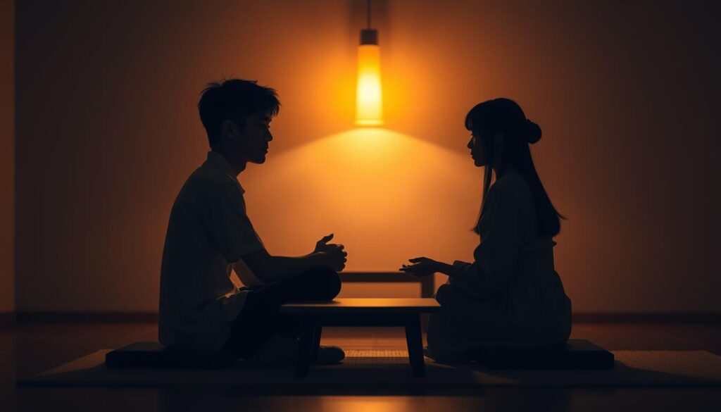 A serene, dimly lit room with two young Japanese figures, a man and a woman, seated across a low table, engaged in an intimate conversation. Soft lighting from a single lamp casts warm hues, creating an atmosphere of introspection and emotional exchange. The figures' body language and facial expressions convey a sense of understanding and connection, hinting at the compatibility and compatibility between the two personalities. The background is blurred, drawing the viewer's focus to the central interaction, capturing the essence of the "love compatibility" theme.