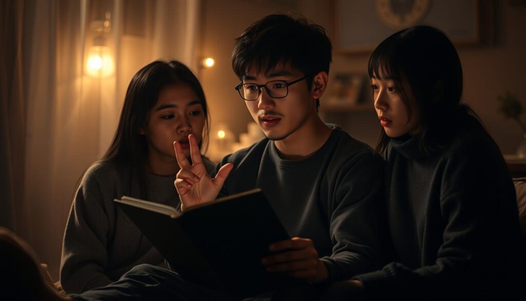 A serene, dimly lit scene of three young Japanese individuals engaged in a captivating storytelling session. The central figure, a pensive INTP-A character, gestures animatedly as they weave a tale, their eyes alight with a spark of creativity. The other two listeners, rapt in attention, lean in, their expressions a blend of intrigue and wonder. The background is hazy, casting a dreamlike quality, with hints of a cozy, intimate setting. Soft, warm lighting gently illuminates the scene, creating a sense of immersion and wonder. The overall atmosphere evokes the power of storytelling to captivate and transport the audience, reflecting the role of the INTP-A character in this narrative.