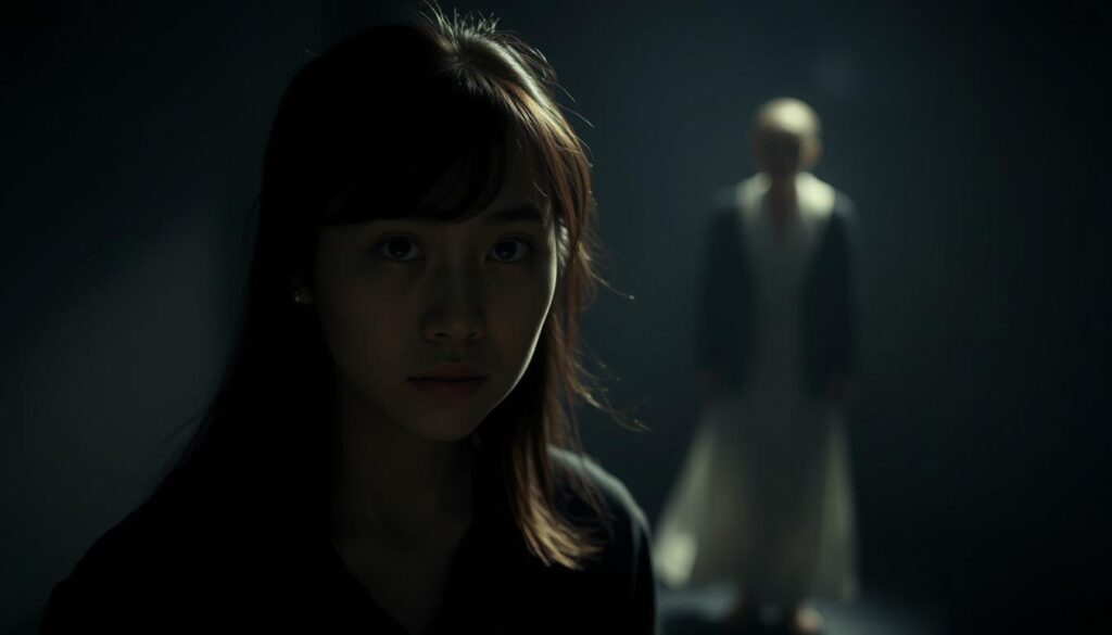 A serene, dimly lit scene unfolds, contrasting stark realities. In the foreground, a young Japanese woman gazes intently, her brow furrowed, symbolizing the distorted perceptions that cloud the truth. Behind her, another figure emerges, radiating a sense of clarity and understanding, illuminating the real essence. The lighting casts a contemplative mood, with soft shadows accentuating the juxtaposition between the two. The setting is minimalist, allowing the subjects to take center stage and convey the nuanced dialogue between misunderstanding and authenticity. The overall composition and tones create a thought-provoking, emotive representation of the section's theme.