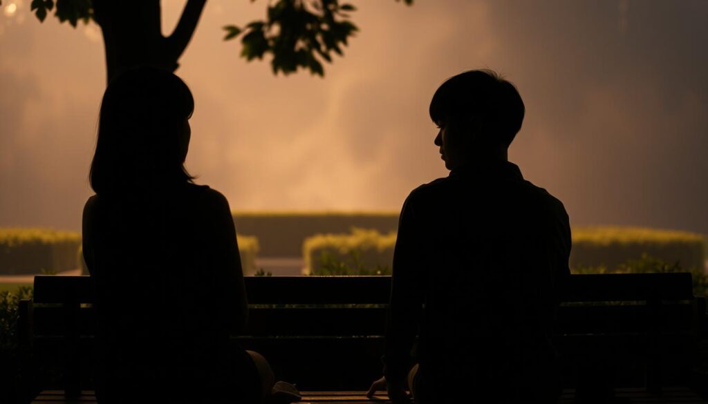 A serene, dimly lit setting featuring two young, Japanese-looking individuals sitting on a bench, engaged in an intimate conversation. The foreground captures their differing body language and facial expressions, subtly conveying a sense of contrast and tension in their romantic dynamic. In the middle ground, a lush, blurred garden scene provides a tranquil backdrop, while the background gradually fades into a soft, atmospheric haze, creating a sense of depth and contemplation. Soft, warm lighting illuminates the scene, highlighting the characters' features and emotions. The overall mood is pensive and introspective, inviting the viewer to consider the nuances of the relationship between these two individuals.