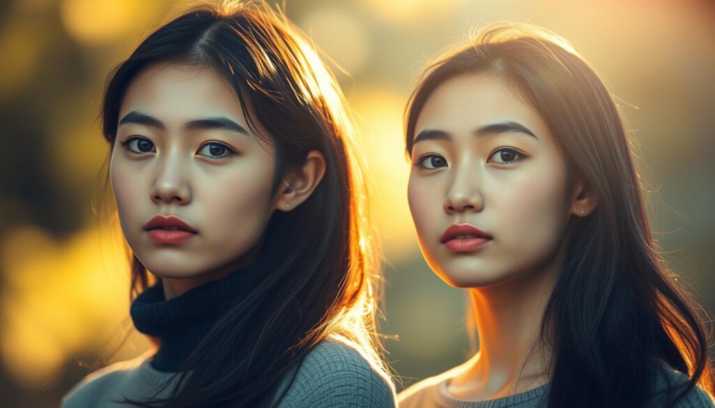 A serene fusion of logical reasoning and intuitive insight, two young Japanese models stand with poised expressions, their faces bathed in warm, diffused lighting. The background blurs gently, drawing focus to the subjects' contemplative gaze as they embody the essence of ENTJ self-growth, their mental faculties working in harmony. Subtle shadows and highlights accentuate the models' features, evoking a sense of depth and dimension. The overall atmosphere is one of balance, clarity, and the power of the mind to unlock personal potential.