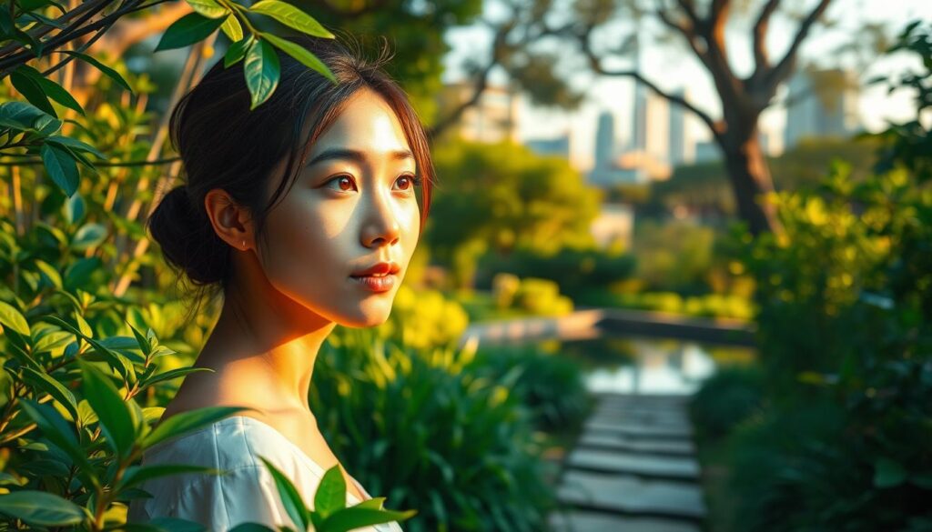 A serene garden oasis, illuminated by warm, natural lighting and filled with vibrant, flourishing greenery. In the foreground, a youthful Japanese woman, her features delicate and refined, stands amongst the lush foliage, her gaze fixed with a contemplative, yet hopeful expression. The middle ground reveals a path leading to a tranquil pond, its surface gently rippling, mirroring the woman's introspective mood. In the background, a shimmering city skyline emerges, symbolizing the future possibilities and growth that await her. This scene captures the ISFJ woman's introspective nature, her desire for self-improvement, and her optimistic vision for the days to come.
