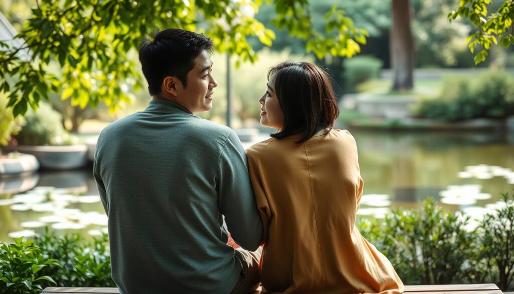 A serene garden setting, with a young Japanese couple sitting together on a bench, their bodies angled towards each other, engaged in a thoughtful conversation. Soft, natural lighting filters through the lush foliage, creating a warm, intimate atmosphere. The man and woman maintain eye contact, their expressions conveying a sense of trust, understanding, and a commitment to their long-term relationship. In the background, a tranquil pond reflects the surrounding greenery, adding a calming element to the scene. The overall composition evokes a sense of harmony, nurturing, and the steady, gradual build-up of a lasting bond.