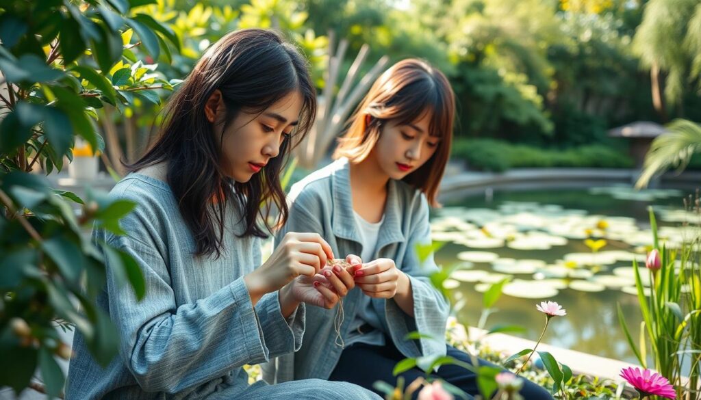 A serene garden setting, with two young Japanese individuals deeply engaged in a shared hobby. Soft, natural lighting filters through the lush foliage, casting a warm, contemplative atmosphere. In the foreground, their hands delicately collaborate on a intricate craft, their expressions radiating a sense of harmonious focus. The middle ground showcases their relaxed, yet attentive postures, bodies angled towards each other, conveying a feeling of intimate connection. In the background, a tranquil pond reflects the verdant surroundings, creating a sense of immersion and serenity. The overall scene captures the essence of a bond formed through a common passion, where shared experiences and mutual understanding blossom like the flowers that adorn the scene.