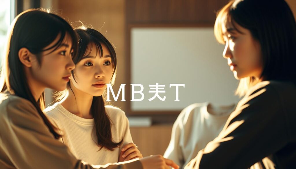 A serene gathering of four young Japanese individuals, their faces delicately rendered with realistic features, as they engage in a thoughtful discussion about MBTI compatibility. The scene is bathed in warm, natural lighting that casts a gentle glow, evoking a sense of harmony and understanding. The figures are arranged in a balanced composition, capturing the essence of the "MBTI相性の良いタイプ" concept. The background is softly blurred, allowing the subjects to take center stage and focus the viewer's attention on their meaningful exchange.