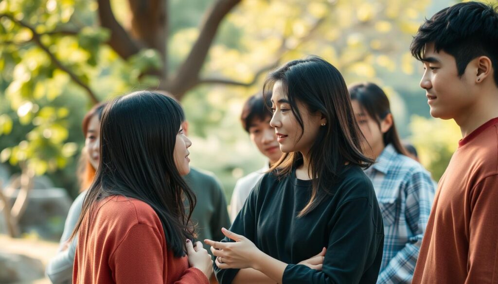 A serene gathering of young, Japanese-looking individuals in a well-lit, natural setting, fostering an atmosphere of openness and trust. The subjects engage in thoughtful conversation, their body language conveying a sense of mutual understanding and connection. The composition emphasizes the process of building relationships, with the foreground featuring intimate interactions, the middle ground showcasing collaborative activities, and the background hinting at a tranquil, supportive environment. Soft, warm lighting and a subtle depth of field create a sense of intimacy and focus, inviting the viewer to immerse themselves in the scene and the essence of interpersonal trust.